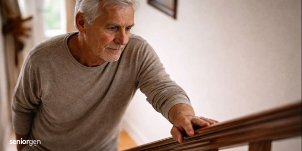 Persona mayor reflexiva apoyándose en la barandilla al bajar escaleras