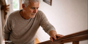 Persona mayor reflexiva apoyándose en la barandilla al bajar escaleras